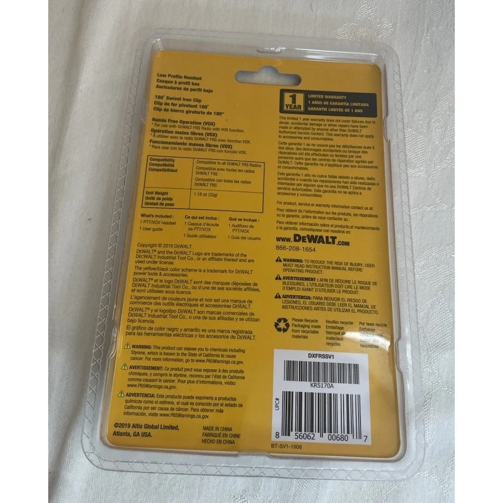 DeWalt DXFRSSV1 Headset with PTT/Vox Mic For Walkie Talkies NEW IN BOX